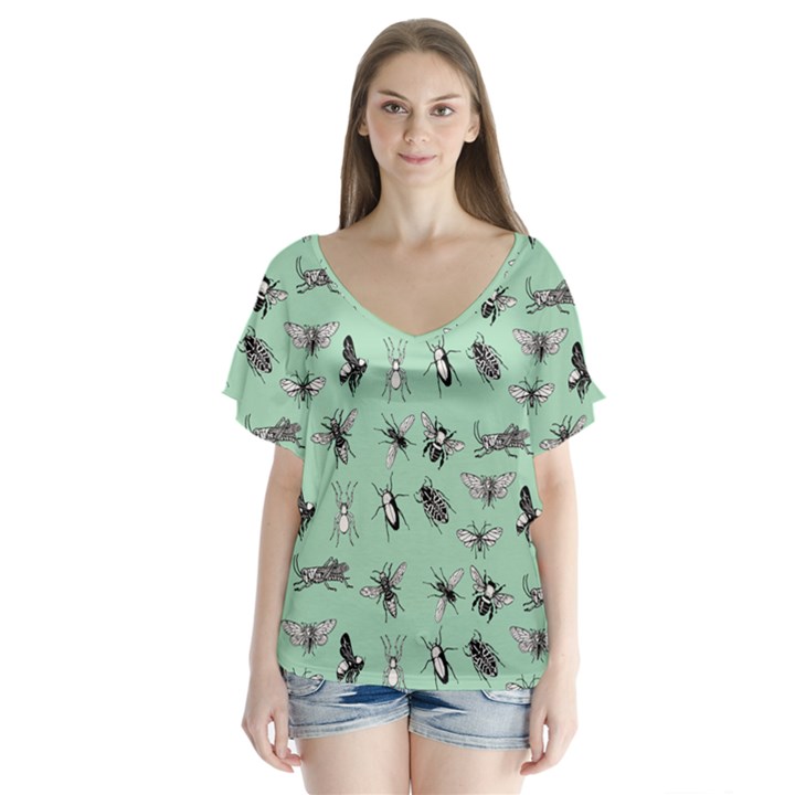 Insects pattern V-Neck Flutter Sleeve Top