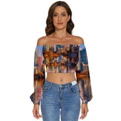 Vancouver Canada Sea Ocean Reflections Skyline Long Sleeve Crinkled Weave Crop Top by danenraven