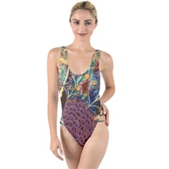 Peacock Mixed Media Bird Animal High Leg Strappy Swimsuit by danenraven