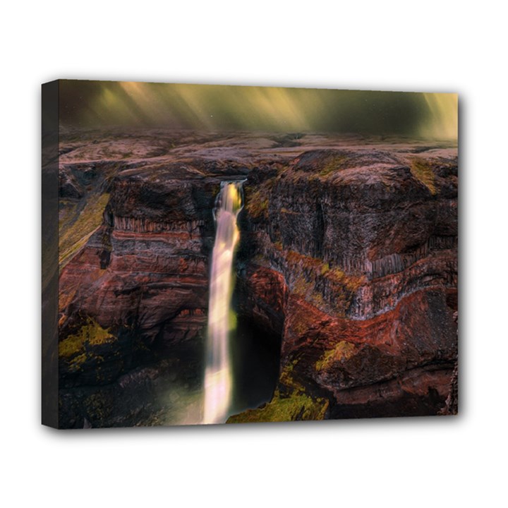 Waterfall Cascade Mountains Cliffs Northern Lights Deluxe Canvas 20  x 16  (Stretched)