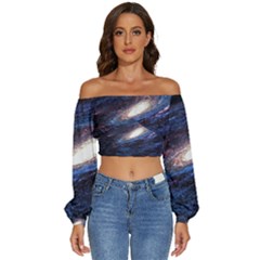 Space Cosmos Galaxy Stars Black Hole Universe Long Sleeve Crinkled Weave Crop Top by Pakemis