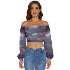 Mountains Nature Forest Moon Landscape Moonlight Long Sleeve Crinkled Weave Crop Top by Pakemis