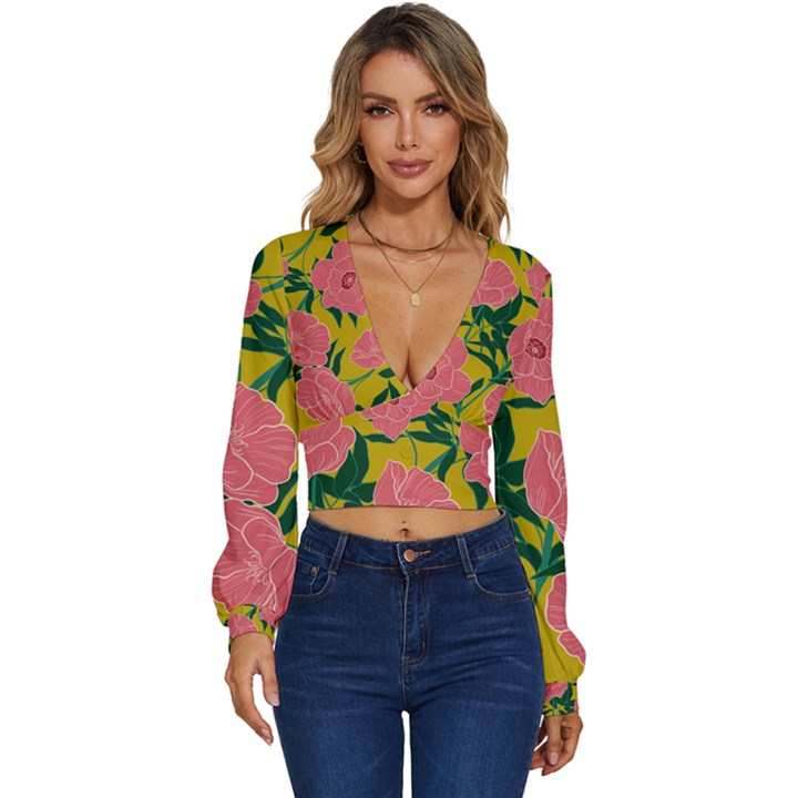 Pink Flower Seamless Pattern Long Sleeve Deep-V Velour Top