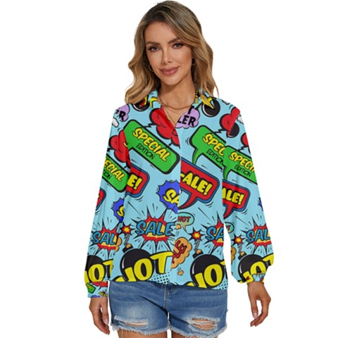 Comic Bubbles Seamless Pattern Women s Long Sleeve Button Down Shirt by Pakemis