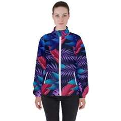 Background With Violet Blue Tropical Leaves Women s High Neck Windbreaker by Pakemis