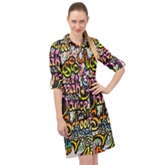 Graffiti Word Seamless Pattern Long Sleeve Mini Shirt Dress by Pakemis