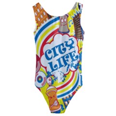 Colorful City Life Horizontal Seamless Pattern Urban City Kids  Cut-out Back One Piece Swimsuit by Pakemis