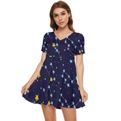 Seamless Pattern With Cartoon Zodiac Constellations Starry Sky Tiered Short Sleeve Babydoll Dress by Pakemis