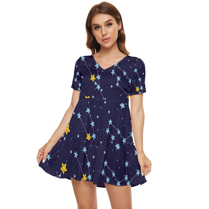 Seamless Pattern With Cartoon Zodiac Constellations Starry Sky Tiered Short Sleeve Babydoll Dress