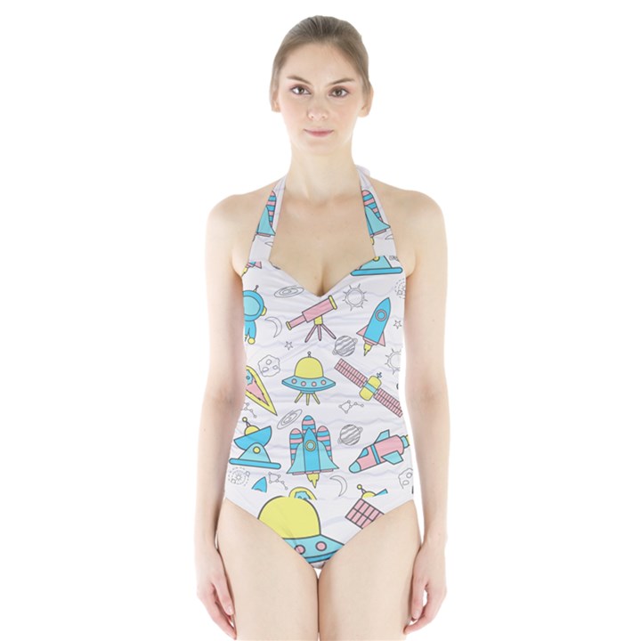 Cute-seamless-pattern-with-space Halter Swimsuit