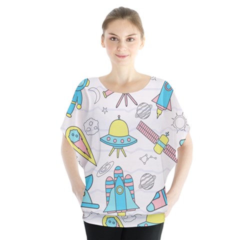 Cute-seamless-pattern-with-space Batwing Chiffon Blouse by Pakemis