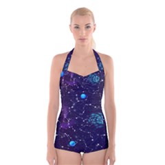 Realistic-night-sky-poster-with-constellations Boyleg Halter Swimsuit  by Pakemis