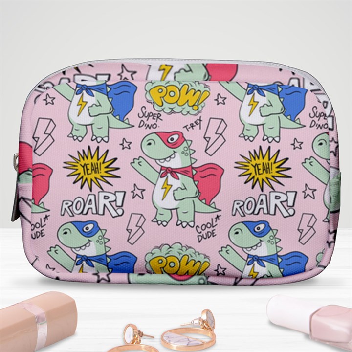 Seamless-pattern-with-many-funny-cute-superhero-dinosaurs-t-rex-mask-cloak-with-comics-style-inscrip Make Up Pouch (Small)