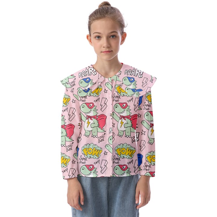 Seamless-pattern-with-many-funny-cute-superhero-dinosaurs-t-rex-mask-cloak-with-comics-style-inscrip Kids  Peter Pan Collar Blouse