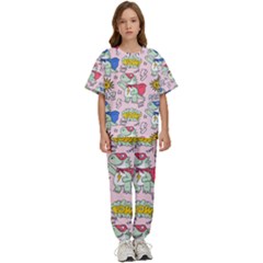 Seamless-pattern-with-many-funny-cute-superhero-dinosaurs-t-rex-mask-cloak-with-comics-style-inscrip Kids  Tee And Pants Sports Set by Pakemis