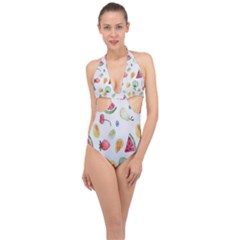 Fruit Summer Vitamin Watercolor Halter Front Plunge Swimsuit by artworkshop