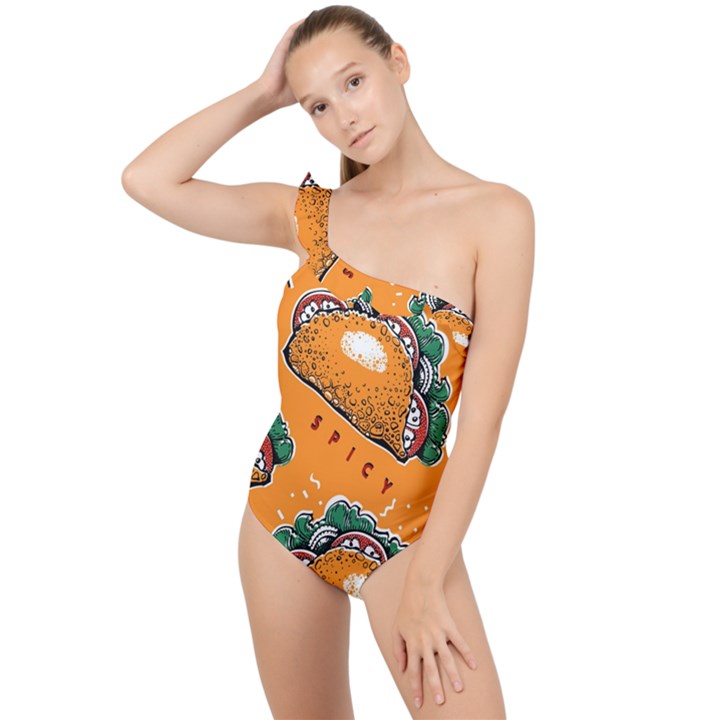 Seamless pattern with taco Frilly One Shoulder Swimsuit