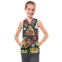 Vector-seamless-pizza-slice-pattern-hand-drawn-pizza-illustration-great-pizzeria-menu-background Kids  Sleeveless Hoodie by Pakemis