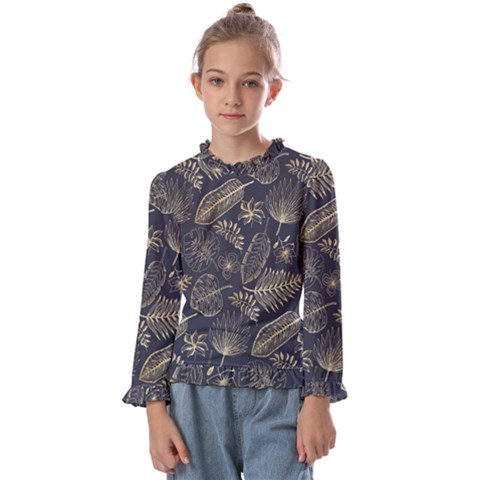 Elegant-pattern-with-golden-tropical-leaves Kids  Frill Detail Tee by Pakemis