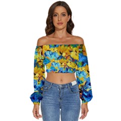 Abstract Art Long Sleeve Crinkled Weave Crop Top by gasi