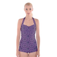 Kaleidoscope Scottish Violet Boyleg Halter Swimsuit  by Mazipoodles