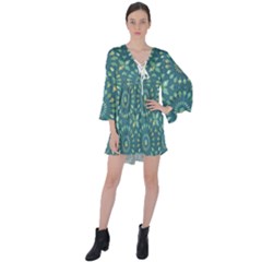 Kaleidoscope Hunter Green V-neck Flare Sleeve Mini Dress by Mazipoodles