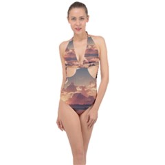 Sunset River Sky Clouds Nature Nostalgic Mountain Halter Front Plunge Swimsuit by Uceng