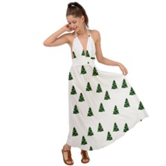 Green Christmas Trees White Backless Maxi Beach Dress by TetiBright