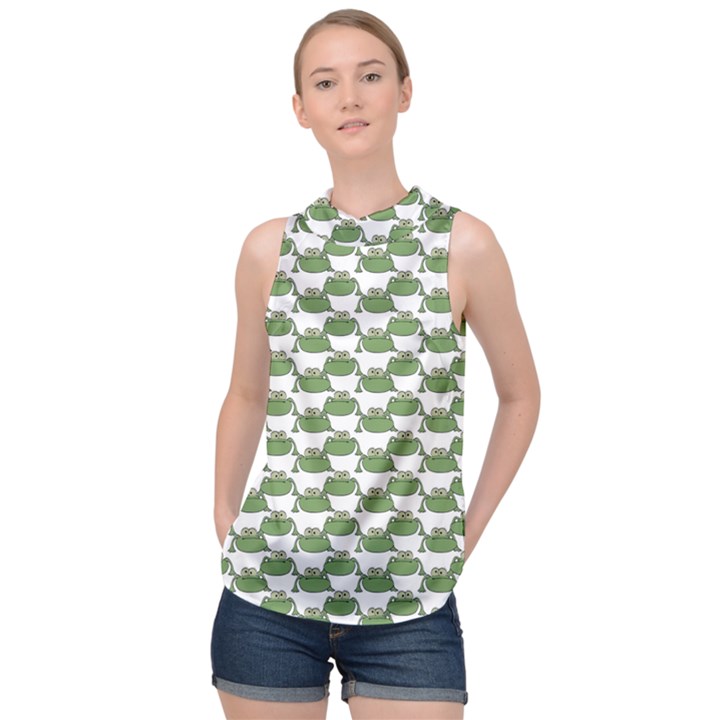 Funny Frog Cartoon Drawing Motif Pattern High Neck Satin Top