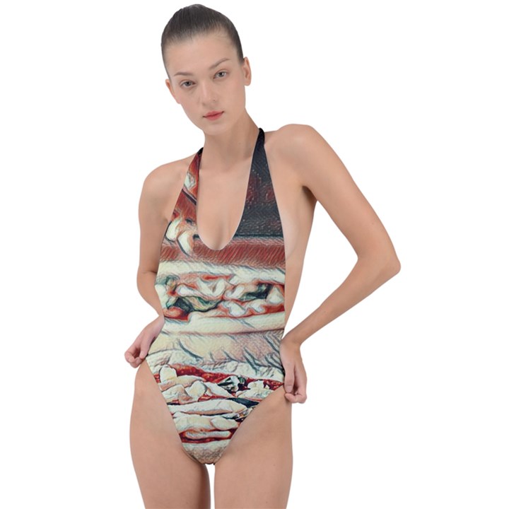 Naples Pizza on the making Backless Halter One Piece Swimsuit