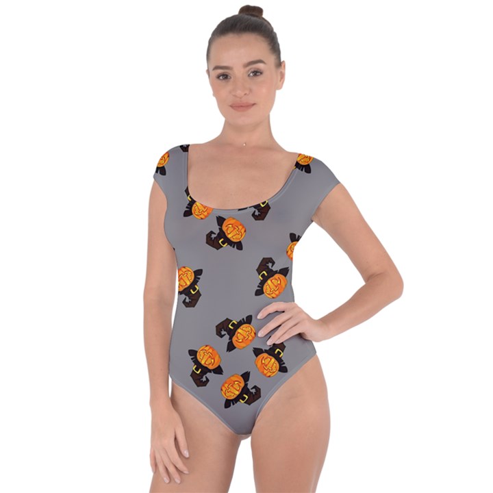 Pumpkin Heads With Hat Gray Short Sleeve Leotard 