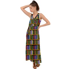 Books On A Shelf V-neck Chiffon Maxi Dress by TetiBright