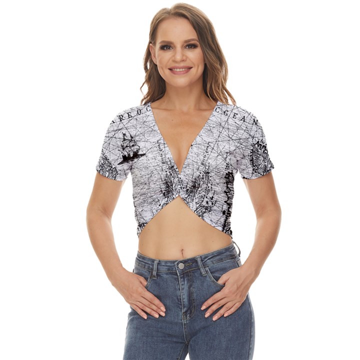 Antique Mercant Map  Twist Front Crop Top