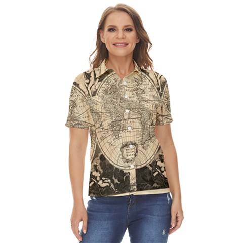 World Map - Nova Delineatio Totius Orbis Terrarum -  1659-1733 Women s Short Sleeve Double Pocket Shirt by ConteMonfrey