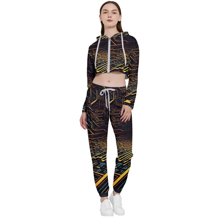 Data Technology Coding Pattern Cropped Zip Up Lounge Set