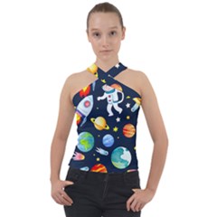 Space Galaxy Seamless Background Cross Neck Velour Top by Jancukart