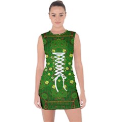 Lotus Bloom In Gold And A Green Peaceful Surrounding Environment Lace Up Front Bodycon Dress by pepitasart