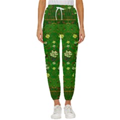 Lotus Bloom In Gold And A Green Peaceful Surrounding Environment Cropped Drawstring Pants by pepitasart