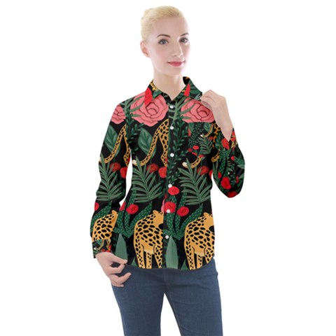 Leopardrose Women s Long Sleeve Pocket Shirt by PollyParadiseBoutique7