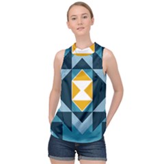 Abstract Pattern T- Shirt Hourglass Pattern  Sunburst Tones Abstract  Blue And Gold  Soft Furnishing High Neck Satin Top by maxcute