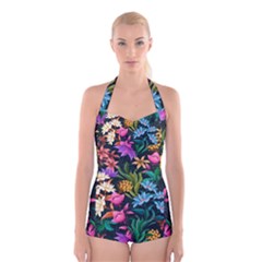 Floral Print  Boyleg Halter Swimsuit  by BellaVistaTshirt02