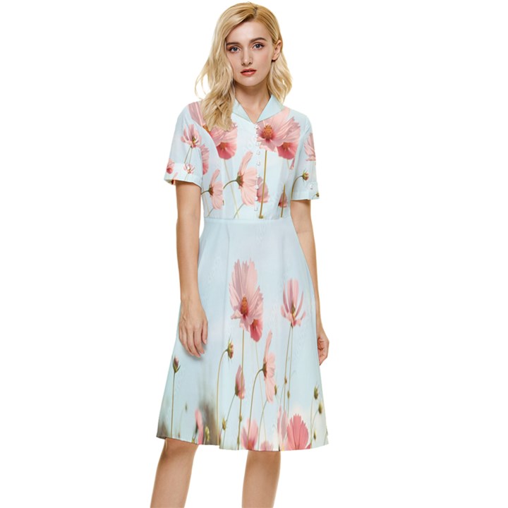 Cosmos Flower Blossom In Garden Button Top Knee Length Dress