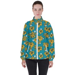 Turquoise And Yellow Floral Women s High Neck Windbreaker by fructosebat