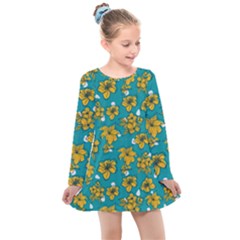 Turquoise And Yellow Floral Kids  Long Sleeve Dress by fructosebat