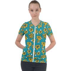 Turquoise And Yellow Floral Short Sleeve Zip Up Jacket by fructosebat