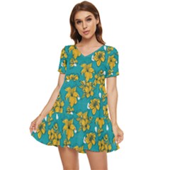 Turquoise And Yellow Floral Tiered Short Sleeve Babydoll Dress by fructosebat