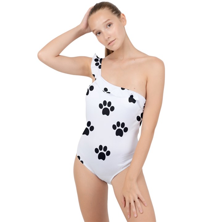 Dog Paw Print T- Shirt Paw Pattern 6 Frilly One Shoulder Swimsuit