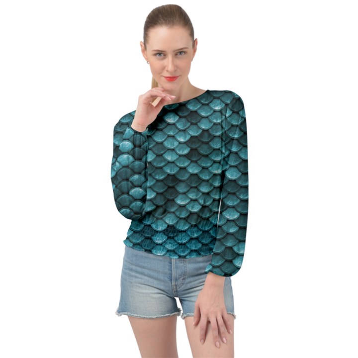 Teal Scales! Banded Bottom Chiffon Top