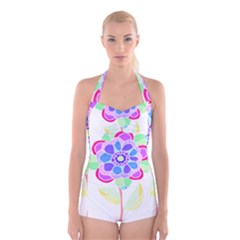 Flower Illustration T- Shirtflower T- Shirt Boyleg Halter Swimsuit  by maxcute