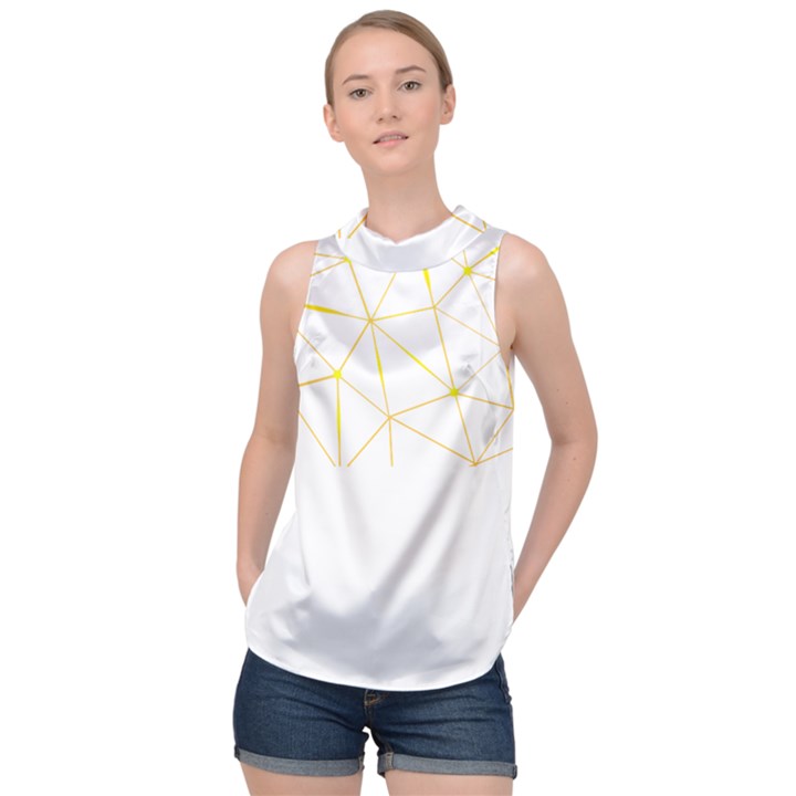 Pattern Design T- Shirt Geometric Black Triangles Gold Lines T- Shirt High Neck Satin Top